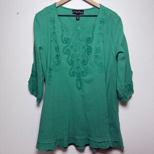 Gretty Zueger Women Cotton Tunic Top Large Green Embroidered 3/4 Sleeve Artsy